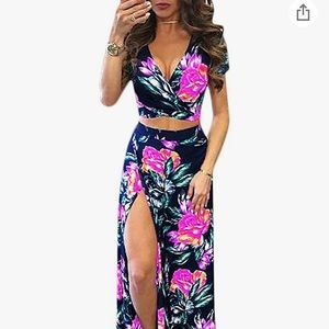 V Neck Floral Printed Side Slit Two-Piece Maxi Dress
